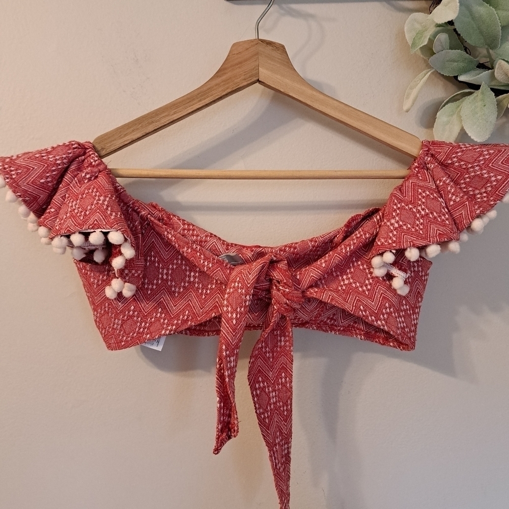 ASOS DESIGN jacquard pom pom frill beach red and white top size 2 - Picture 3 of 8